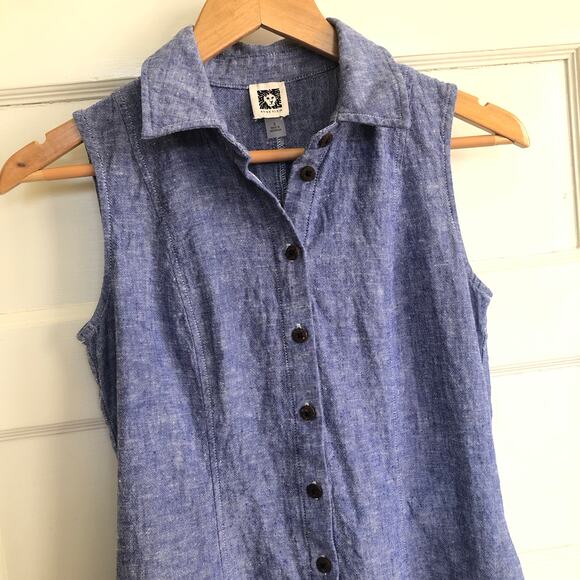 Anne Klein Linen Blend Button Front Collared Shirt Dress Blue 6 Coastal Preppy - Picture 2 of 10